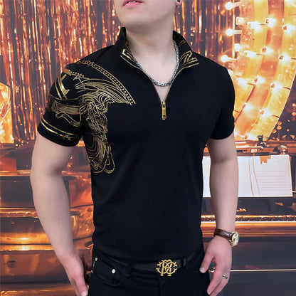 🔥【Vânzare excelentă】 Tricou polo elegant pentru bărbați, cu rever și fermoar - Negru clasic cu broderie rafinată